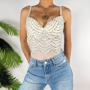 Y2K Windsor White Rhinestone Pearl Beaded Embellished Bodysuit XS - NWT